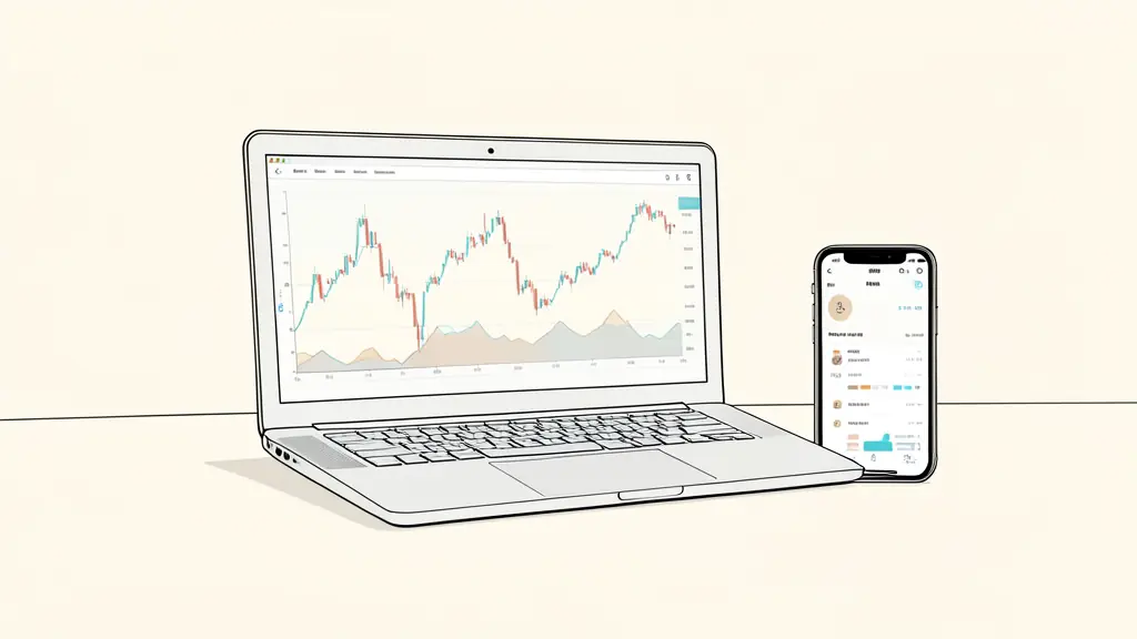 A professional workspace with a laptop displaying trading charts and a smartphone showing a financial dashboard, editorial style, high quality, neutral lighting
