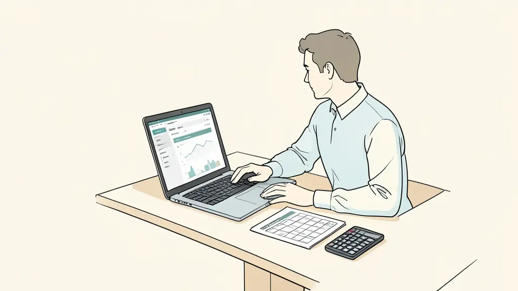 A trader reviewing an evaluation dashboard on a laptop, a printed rule checklist and a calculator on the desk