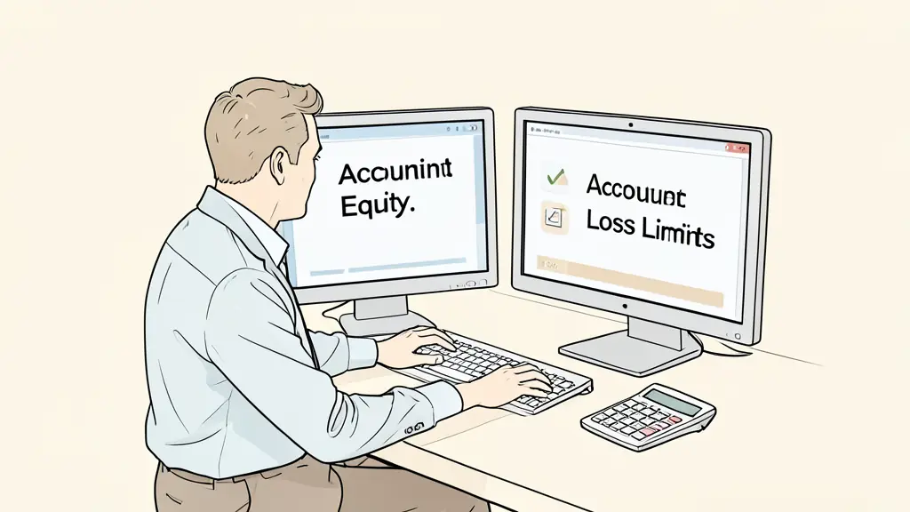 A risk manager comparing account equity and loss limits on two monitors, with a calculator and trading journal nearby