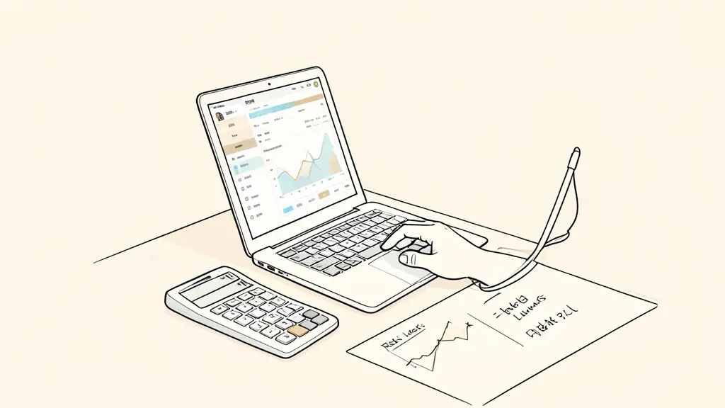 sports bettor reviewing an evaluation dashboard on a laptop, calculator and handwritten risk limits on the desk, editorial photography without text or logos
