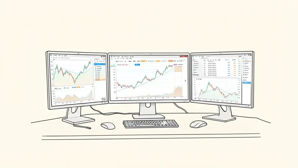 A professional trader's desk with multiple monitors showing a leaderboard ranking and trading charts, editorial style, no text