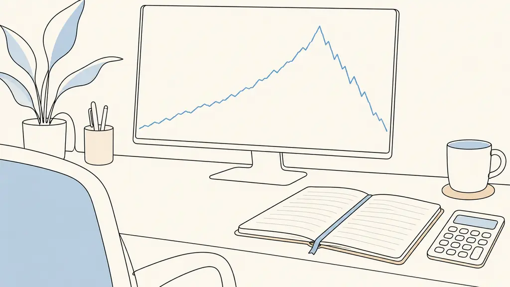 Close-up editorial photograph of a trader's desk with a monitor displaying an unlabeled equity curve rising to a clear peak before falling sharply, beside a calculator and an open risk journal, no text, no logo