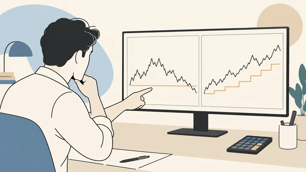 Editorial photograph of a trader pointing at two unlabeled account charts, one with a fixed horizontal loss limit and the other with a rising stair-step limit, calculator beside the monitor, no text, no logo