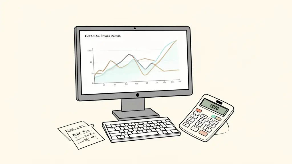Editorial photograph of a trading desk with a monitor showing an unlabeled peak-to-trough equity curve, calculator displaying 8000, handwritten risk notes without readable text