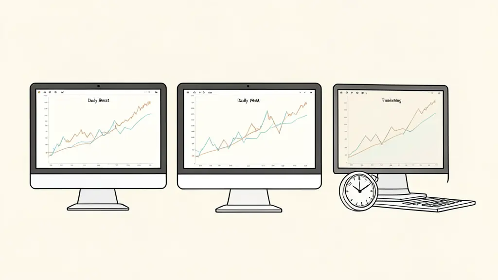 Editorial photograph of three computer screens showing unlabeled fixed, daily-reset and trailing risk lines, trading journal and desk clock