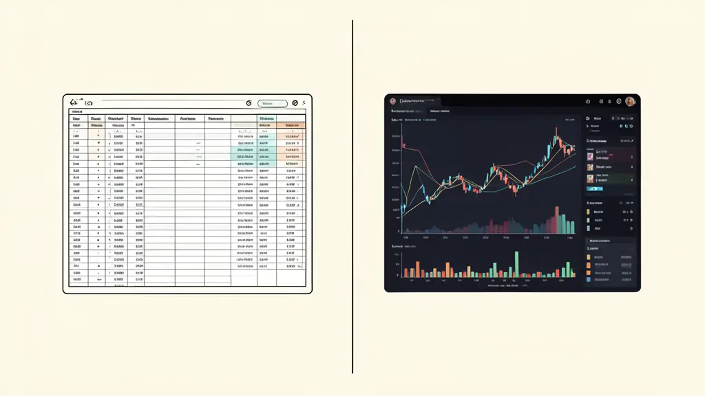 A split screen showing a complex spreadsheet on one side and a modern dark-mode trading dashboard with colorful performance charts and analytics on the other, editorial style, no text