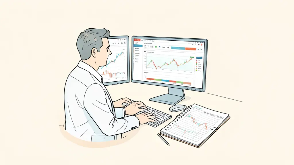 Futures trader reviewing an evaluation dashboard on two monitors, risk limits visible as colored charts, contract ladder open beside a trading journal, no text or logo