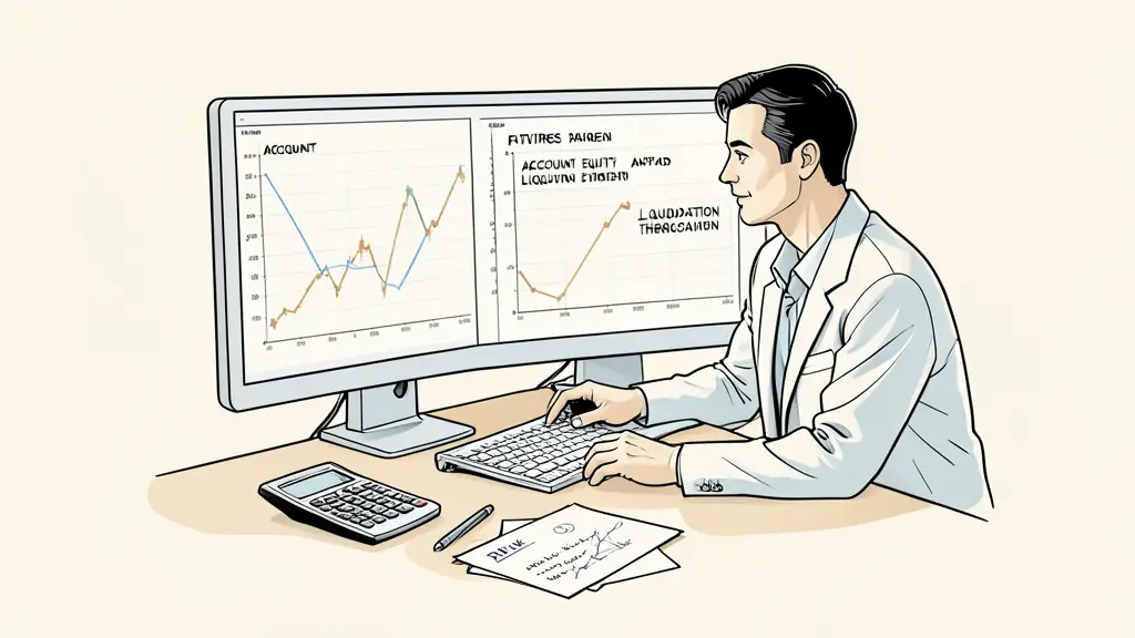 Futures trader comparing account equity and liquidation threshold on a monitor, open position fluctuating, calculator and handwritten risk notes on desk, no text or logo