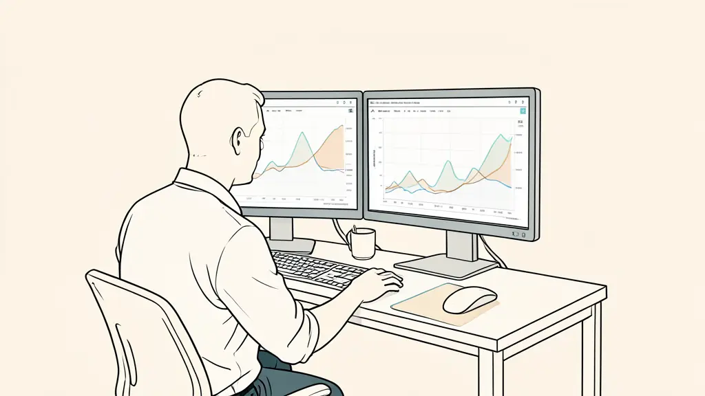 trader reviewing an equity curve on two monitors, visible peak and deep trough, home trading desk