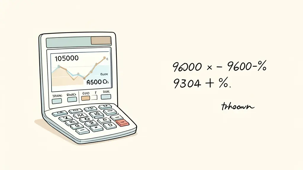calculator beside a trading screen showing a 105000 euro peak and 96000 euro trough, handwritten percentage calculation