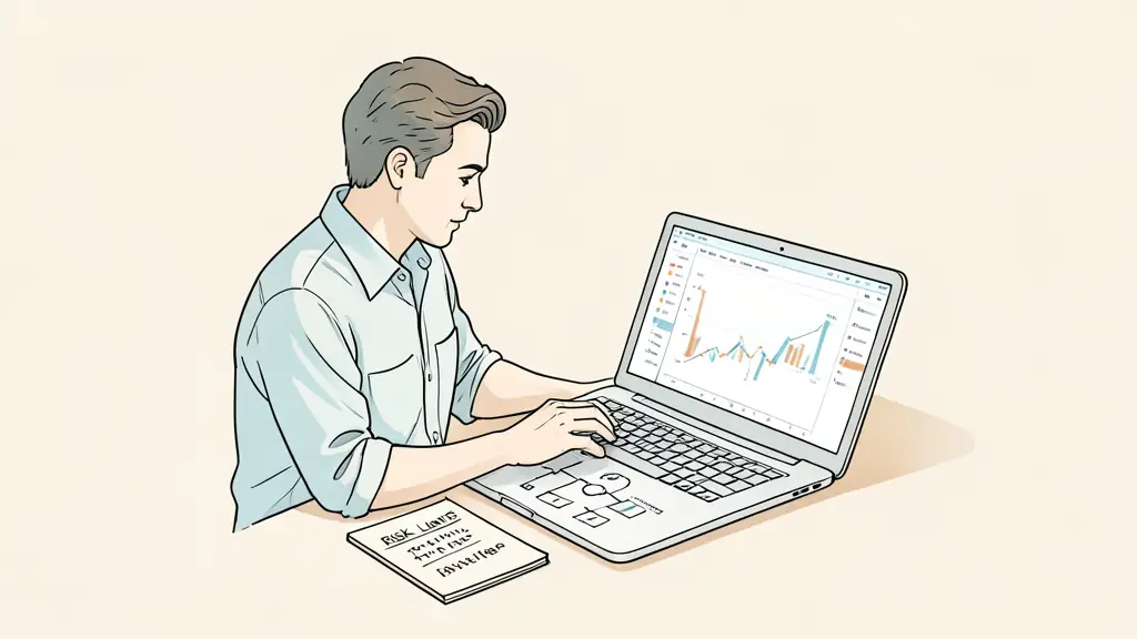trader reviewing an evaluation flowchart on a laptop, risk limits written in a notebook, trading platform visible without logos