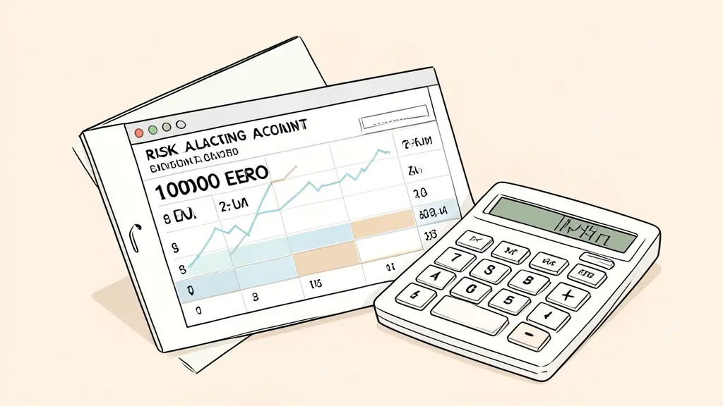 close-up of a risk calculation spreadsheet showing a 100000 euro account, calculator beside a trading journal, neutral office setting