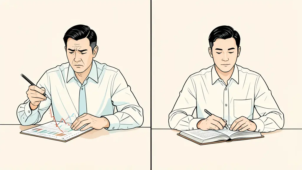 A split-screen composition showing a stressed trader taking a high-risk trade on one side and a calm trader following a disciplined trading journal on the other.