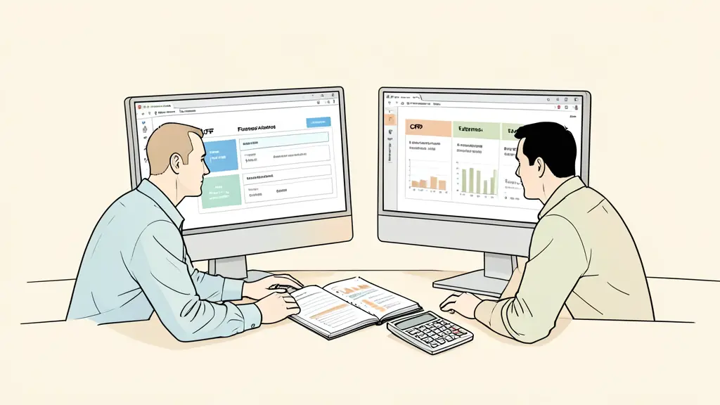 Trader comparing CFD and futures account rules on two monitors, risk journal and calculator on desk
