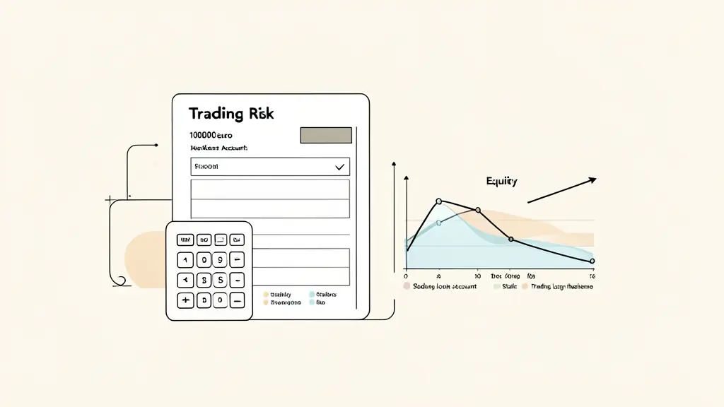 Trading risk worksheet showing a 100000 euro account, calculator beside an equity curve with static and trailing loss thresholds