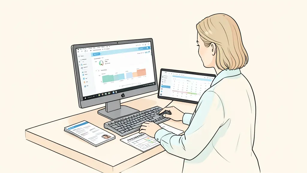 A trader reviewing an evaluation dashboard on two monitors, identity documents beside a keyboard, withdrawal calendar marked on a desk, editorial photography, no text, no logo