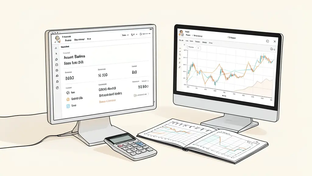 Close-up of a risk dashboard showing a nominal account balance and loss limits, calculator beside a trading journal, open market chart on a monitor, editorial photography, no text, no logo