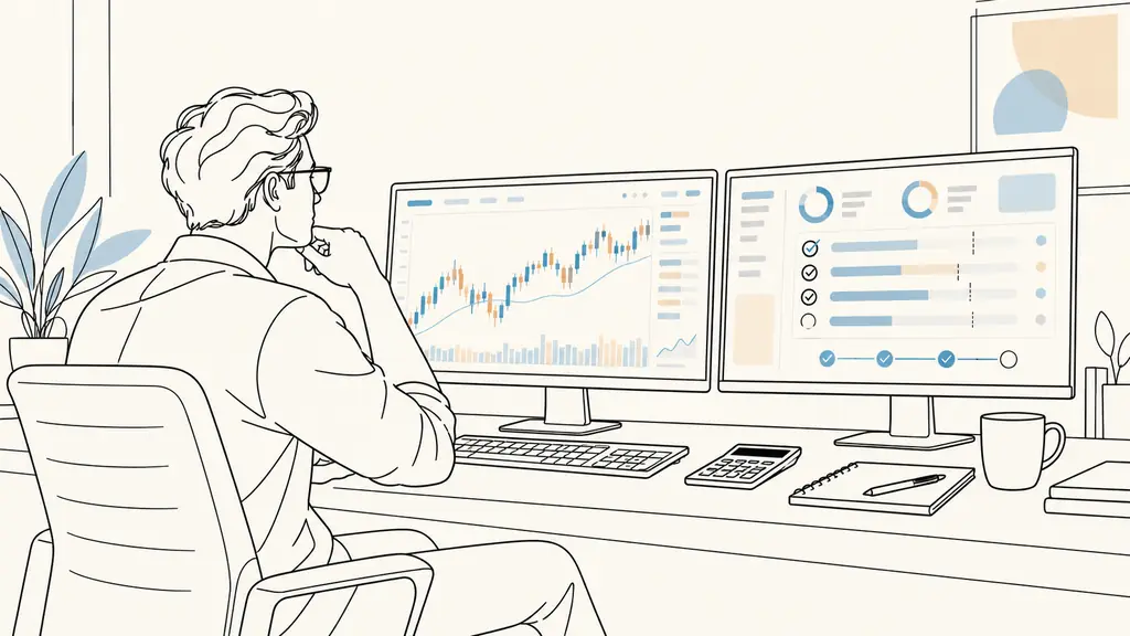 trader reviewing a simulated trading dashboard, account evaluation rules on a second monitor, calculator beside the keyboard