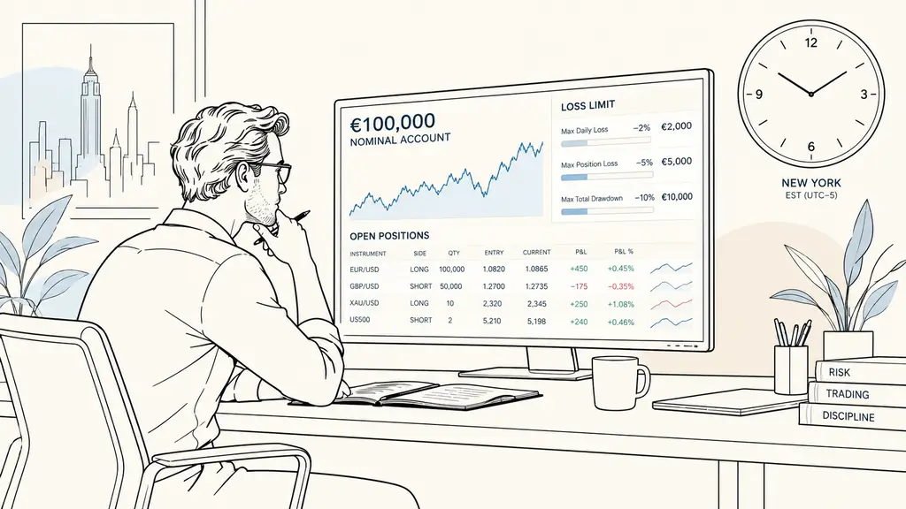 risk manager comparing a 100000 euro nominal account with loss limits, open positions on screen, wall clock showing another time zone