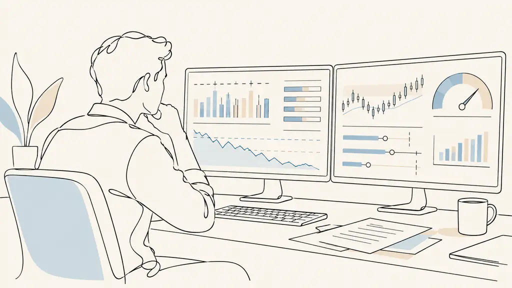A retail trader reviewing a simulated trading account on two monitors, risk limits visible as charts, contract papers beside the keyboard