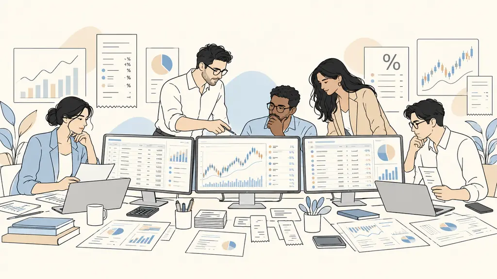 Financial operations team examining evaluation fees and trading commissions on multiple screens, payment records and market charts on desks