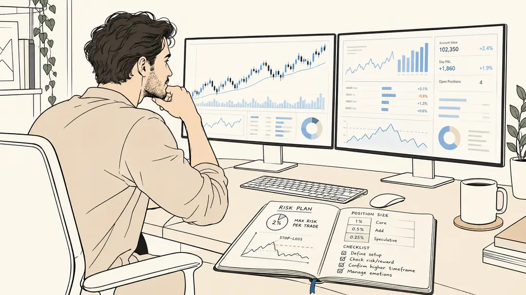trader viewing a simulated account dashboard, market charts on two monitors, notebook showing risk limits