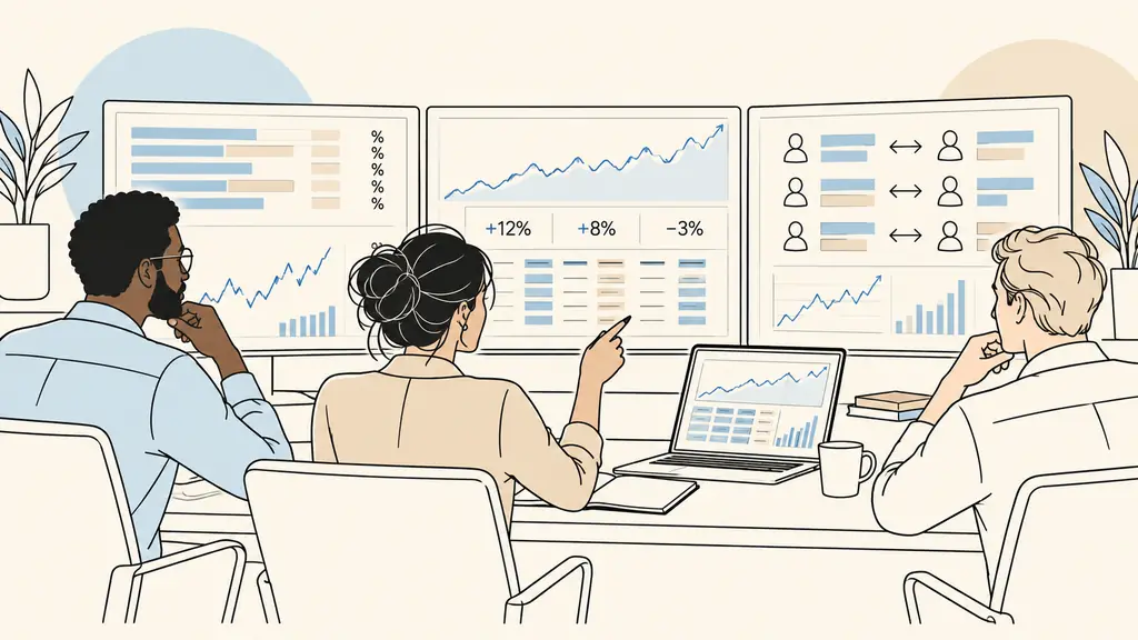 financial operations team reviewing challenge fees, simulated trading statistics, and copied positions on multiple screens