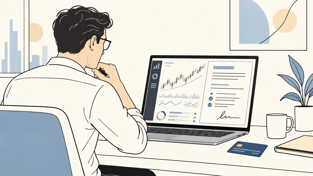 trader reviewing a prop firm contract on a laptop, simulated trading dashboard, payment card on desk