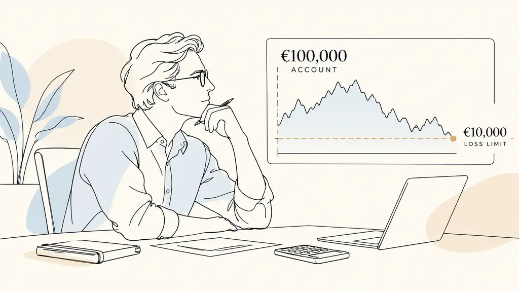 risk manager comparing a 100000 euro account with a 10000 euro loss limit, calculator and trading chart