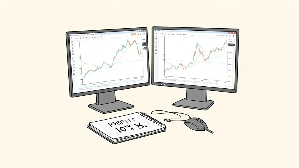 A professional trading workstation with two monitors showing financial charts, a notebook with profit targets of 10% and 5% written on a page, editorial style, neutral lighting