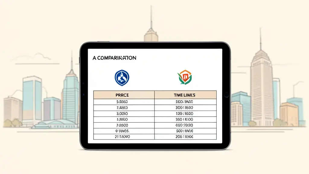 A professional comparison table on a tablet screen with two company logos, focusing on price and time limits, blurred financial district background